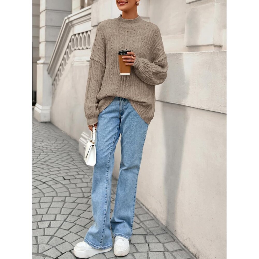 Women's Cable Knit Sweater Oversized Fall Pullover Crewneck Long Sleeve - Picture 6 of 6